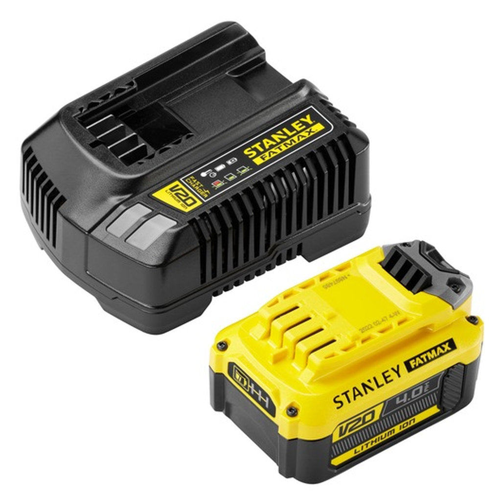 V20 Starter Kit 18V, Stanley FatMax Akku Set, 4.0Ah Lithium-Ionen Akku, Schnellladegerät 2A, Akku Ladegerät Set, V20 Akku und Ladegerät, Stanley Akku Kit 18V, Power Tool Battery Set, Stanley FatMax V20 Starter Pack, Ersatzakku mit Ladegerät
