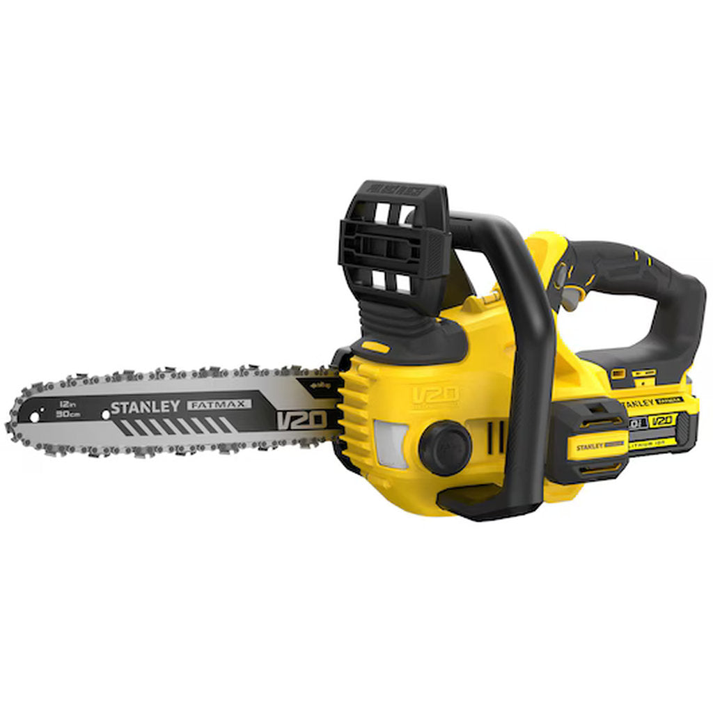 Stanley Fatmax, cordless chainsaw, Akku Kettensäge, 18V battery saw, kabellose Motorsäge, V20 Akku System, Stanley cordless tool, garden power saw, elektrische Kettensäge, professional wood cutter, schnurlose Gartensäge, rechargeable chainsaw, heavy duty garden tool, Stanley Werkzeuge, compact chainsaw, tree pruning saw, Akku Gartengerät, outdoor cutting tool, cordless wood saw, Gartenpflege Werkzeug, battery operated saw, 30 cm bar chainsaw, Stanley Akku Gerät, Holzsäge elektrisch, powerful garden chainsaw