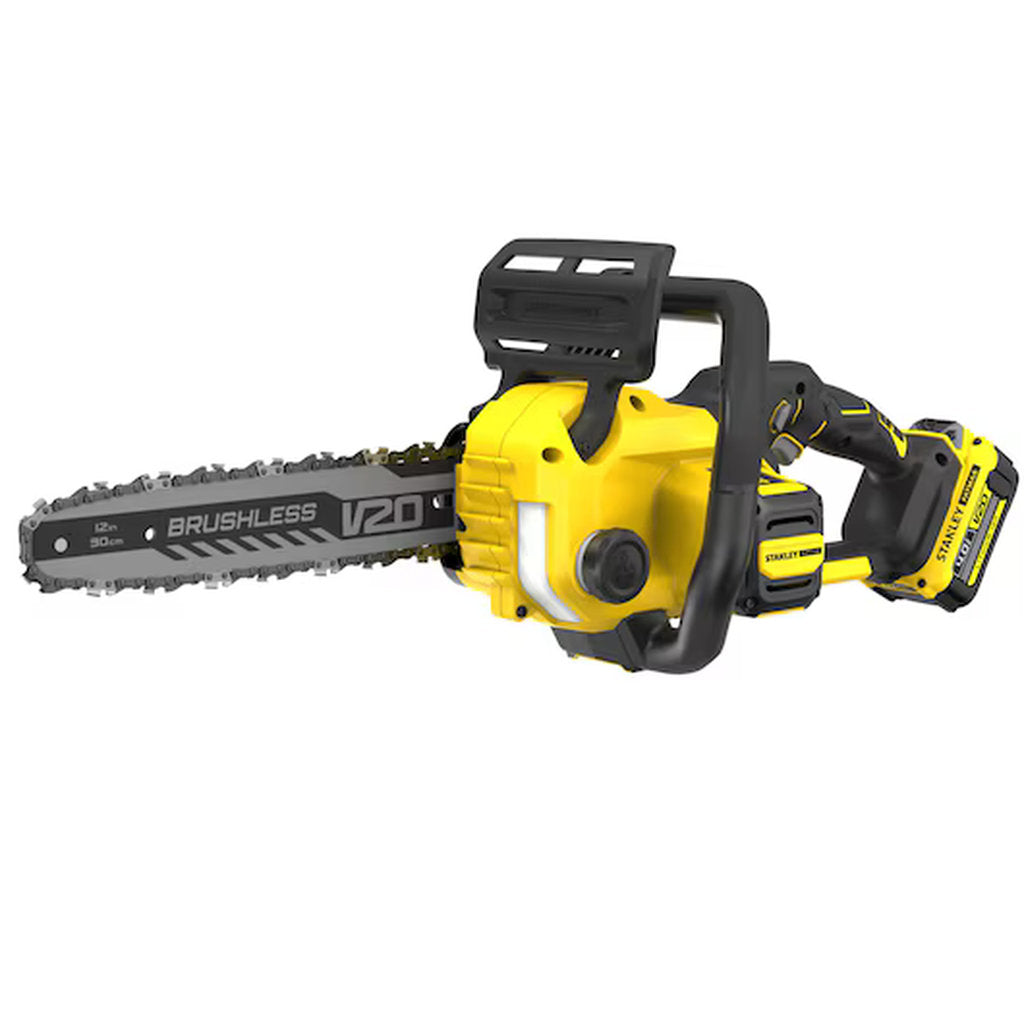 Stanley Fatmax, brushless chainsaw, Bürstenlose Kettensäge, 18V Akku Kettensäge, cordless power saw, V20 battery system, Stanley cordless tool, kabellose Motorsäge, battery powered chainsaw, professional wood cutter, Stanley Werkzeuge, garden chainsaw, schnurlose Gartensäge, brushless motor saw, rechargeable chainsaw, heavy duty garden tool, elektrische Kettensäge, 30 cm bar chainsaw, Akku betrieben, robust garden saw, outdoor cutting tool, Gartenpflege Werkzeug, Stanley Akku Gerät, Holzsäge elektrisch, cor